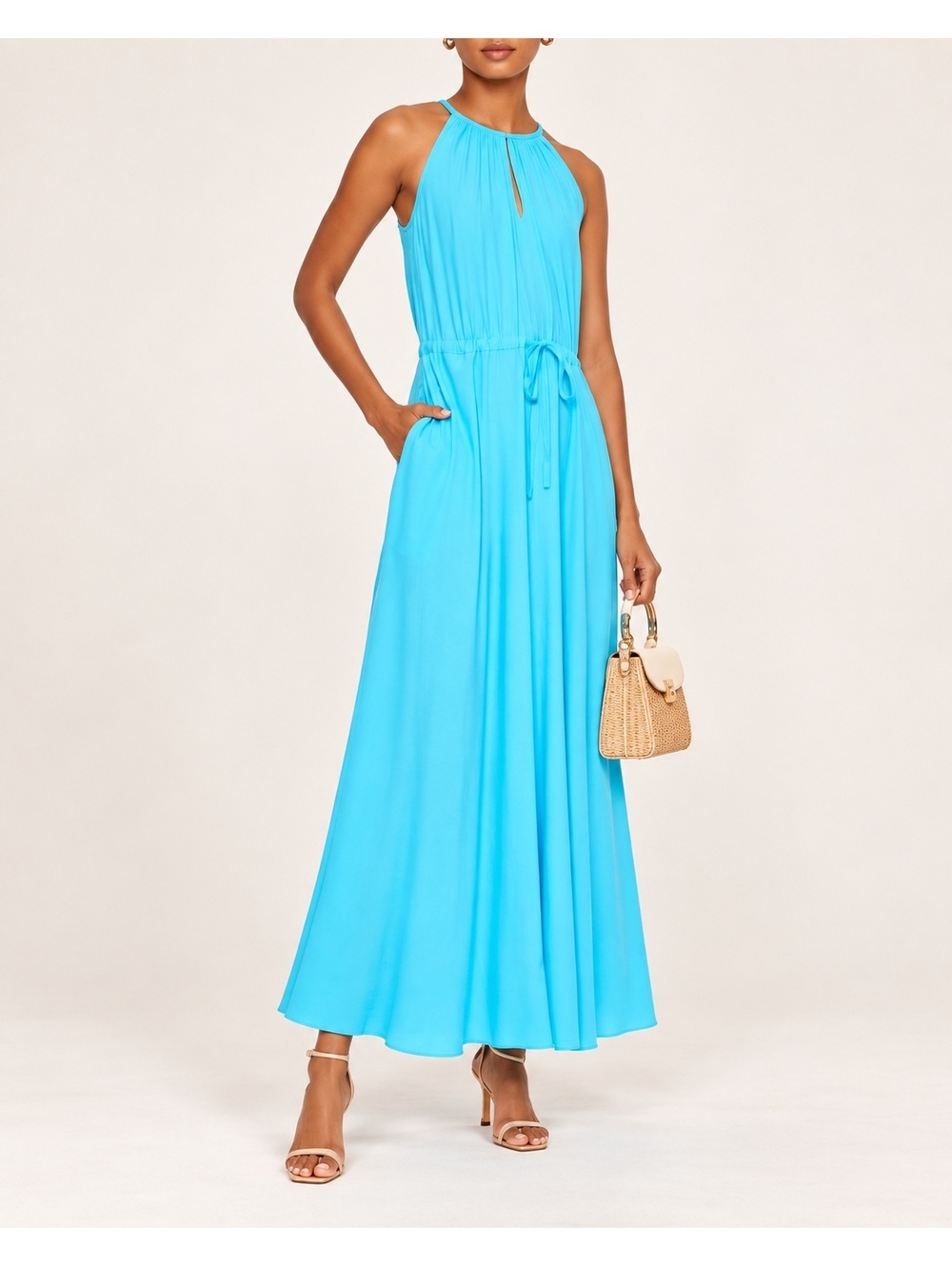 Diane von Furstenberg DVF Blue Halter Maxi Dress Drawstring Waist S NWOT